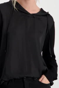 Satin blouse-style shirt with hood